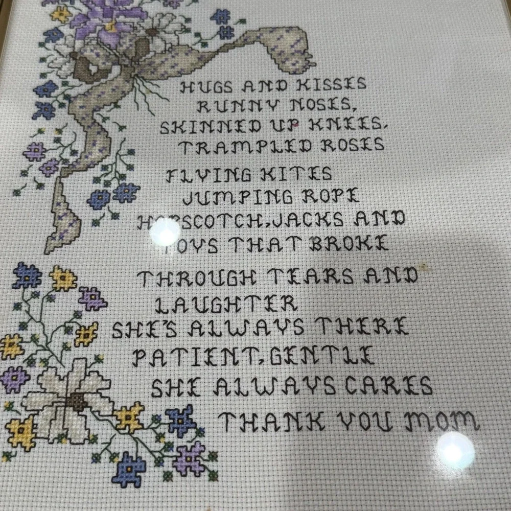 Vintage Handmade Cross Stitch Framed Wall Art Thank You Mom Poem Floral Decor‎
